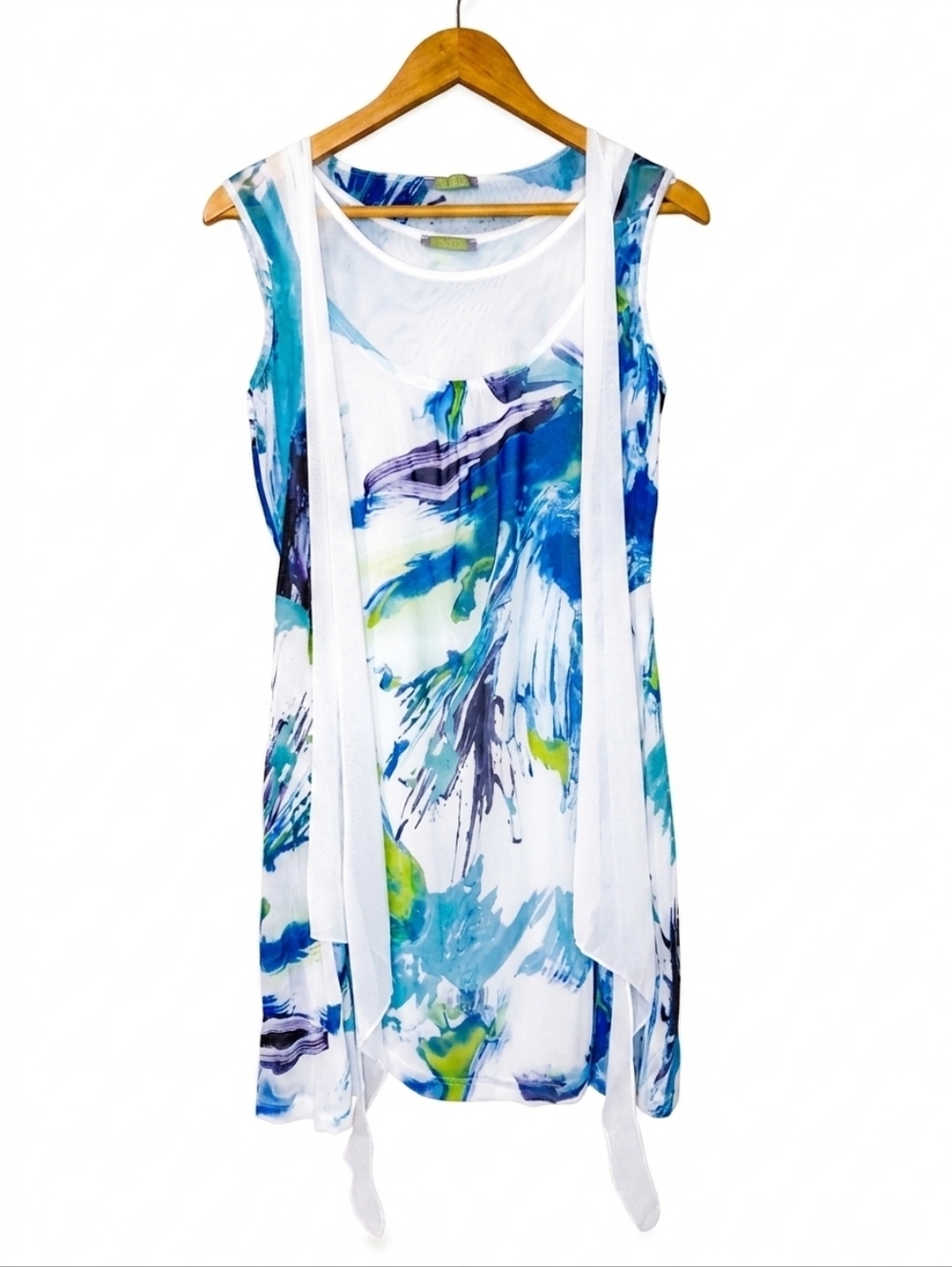 Sleeveless Small Watercolor Print Tank Dress Draped Sheer Panels White/Blue